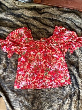 Status By Chenault Floral Red Off-Shoulder Puff Sleeve Blouse Size Large